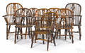 Assembled set of eight English yewwood Windsor chairs ca 1830