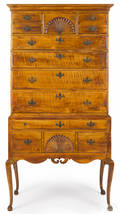 New England Queen Anne figured maple high chest