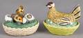 Two Staffordshire porcelain hen on nest