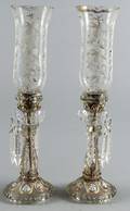 Pair of enameled glass candlesticks with shades