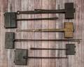 Six wrought and cast iron waffle irons