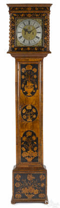 George I burl veneer and marquetry inlaid tall case clock ca 1700