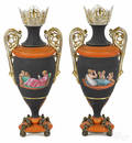 Pair of French Neoclassical painted porcelain urns late 19th c
