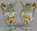 Pair of turquoise ground porcelain pitchers