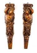 Pair of Carved Wood Hanging Figural Pilasters