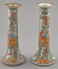Large matched pair of Chinese export porcelain rose medallion candlesticks 19th c