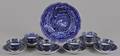 Six blue Staffordshire English scenery cups and saucers