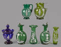 Seven pieces of Mary Gregory enamel glass