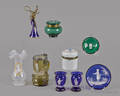 Nine pieces of Mary Gregory enamel glass