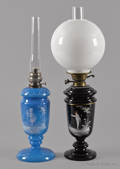 Two Mary Gregory enamel glass table lamps