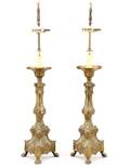 Pair Late 19th C Brass Altar Stick Table Lamps