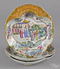 Three Chinese export clobbered famille rose porcelain shrimp dishes 19th c