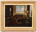 Continental School Reading Room Signed Oil
