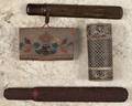 Japanese gilt lacquer pipe case and painted leather tobacco pouch with an associated kiseru pipe