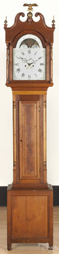 Pennsylvania Sheraton tiger maple and cherry tall case clock