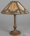 Slag glass and iron table lamp