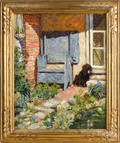 American oil on canvas of a dog on a doorstep