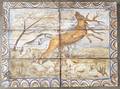 Two Continental handpainted terra cotta tile hunting scenes