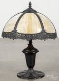 Spelter and slag glass table lamp
