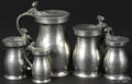 Five graduated English double volute pewter measures