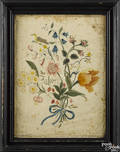 Watercolor drawing of a bird perched on a floral garland 19th c