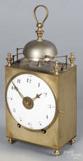 French brass Capucine carriage clock with an alarm and two bells