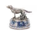 Faberge Style Silver Dog Stone and Cloisonne Base