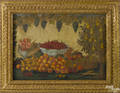 Oil on burlap primitive still life of fruit 19th c