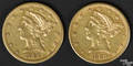 Two five dollar gold coins