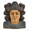 Carved and painted pine bust of a woman 19th c