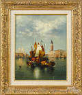 Continental oil on wood panel of a boat in Venice