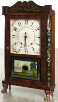 Eli Terry  Sons mahogany mantel clock with a stenciled crest and columns