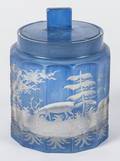 Bohemian blue cut to clear glass lidded canister