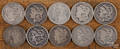Ten Morgan silver dollars of various dates and grades