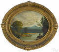 Two similar New England oil on panel primitive river landscapes 19th c