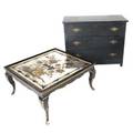 Furniture group ebonized eastlake style dresser together with a painted cocktail table with decorative mirrored top chest 32 x 40 x 18