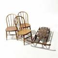 Childs chairs three oak windsors together with a firefly sled painted with holly chairs 26 x 13 x 15