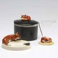 Fox hunting mixed lot includes twenty cordial glasses with reclining fox bases two ashtrays and a porcelain box with a fox lid tallest 3 12