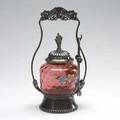 Victorian pickle castor in silver plate with enameled cranberry glass jar 11