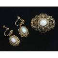 Renaissance revival jewlery brooch and earrings early 20th c in gilt silver with opals and seed pearls