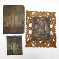 Retablos three retablos of religions figures on tin or wood one accompanied by ornate wooden frame largest 14 x 10