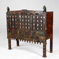 Rajastan twodoor wooden chest with carved polychromed and mirrored front 55 12 x 56 34 x 19