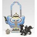 Chinese bronze and cloisonne three items enameled teapot with butterfly motif miniature cloisonne ginger jar and a bronze mythical beast teapot 13 12