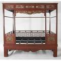 Chinese 20th c wedding bed carved figural panels throughout canopy and post frame complete knockdown unit red lacquered finish approximately 80 x 78 x 42