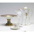 French glass  porcelain including two lalique glasses with clear and frosted detail versailles porcelain coffee pitcher and five cups and saucers porcelain tazza possibly kpm teapot 10 12