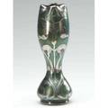 Loetz corseted vase of green glass with silver floral overlay small area of missing overlay near rim etched 666x 15 8 14