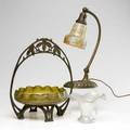 Art glass bohemian style including a lamp with luster art shade and white metal base together with two bohemian glass pieces lamp 15 34