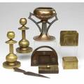 Arts  crafts metal group including pairpoint mfg co candlesticks bradley  hubbard stamp box letter holder and blotter benedict letter knife and stand candlesticks 8 14