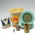 Art pottery nine pieces three us ceramic tile co decorative plates trent homepainted tile mexican bird with enameled floral design stoneware mixing bowl an n glidden mug a cabinet vase in s