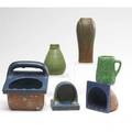 Van briggle  grueby etc six pieces three gruebypardee soap or cup holders van briggle brown vase with leaves a matt green mug with tree design and a vase in the style of grueby van briggle 7